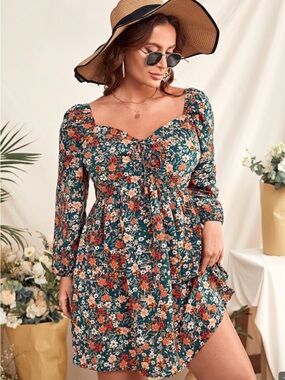 SHEIN Teal Floral Long Sleeve Tie-Front Mini Dress